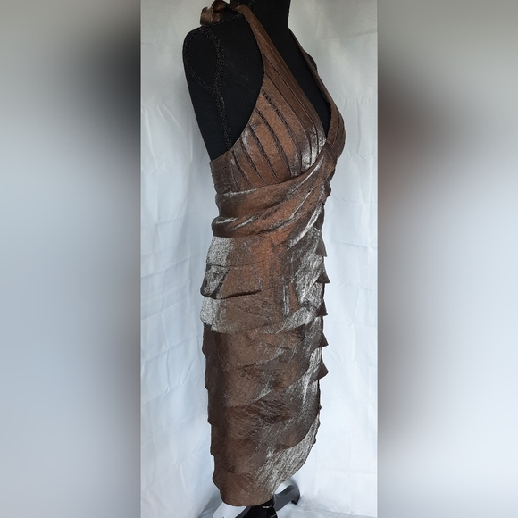 Vintage Cache Cocktail Dress Sz 6 Bronze Brown V Neck Halter Mermaid Tier Fairy - Picture 4 of 16